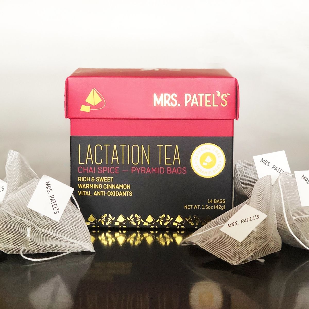 mrs patel's chai spice lactation tea box and tea bags