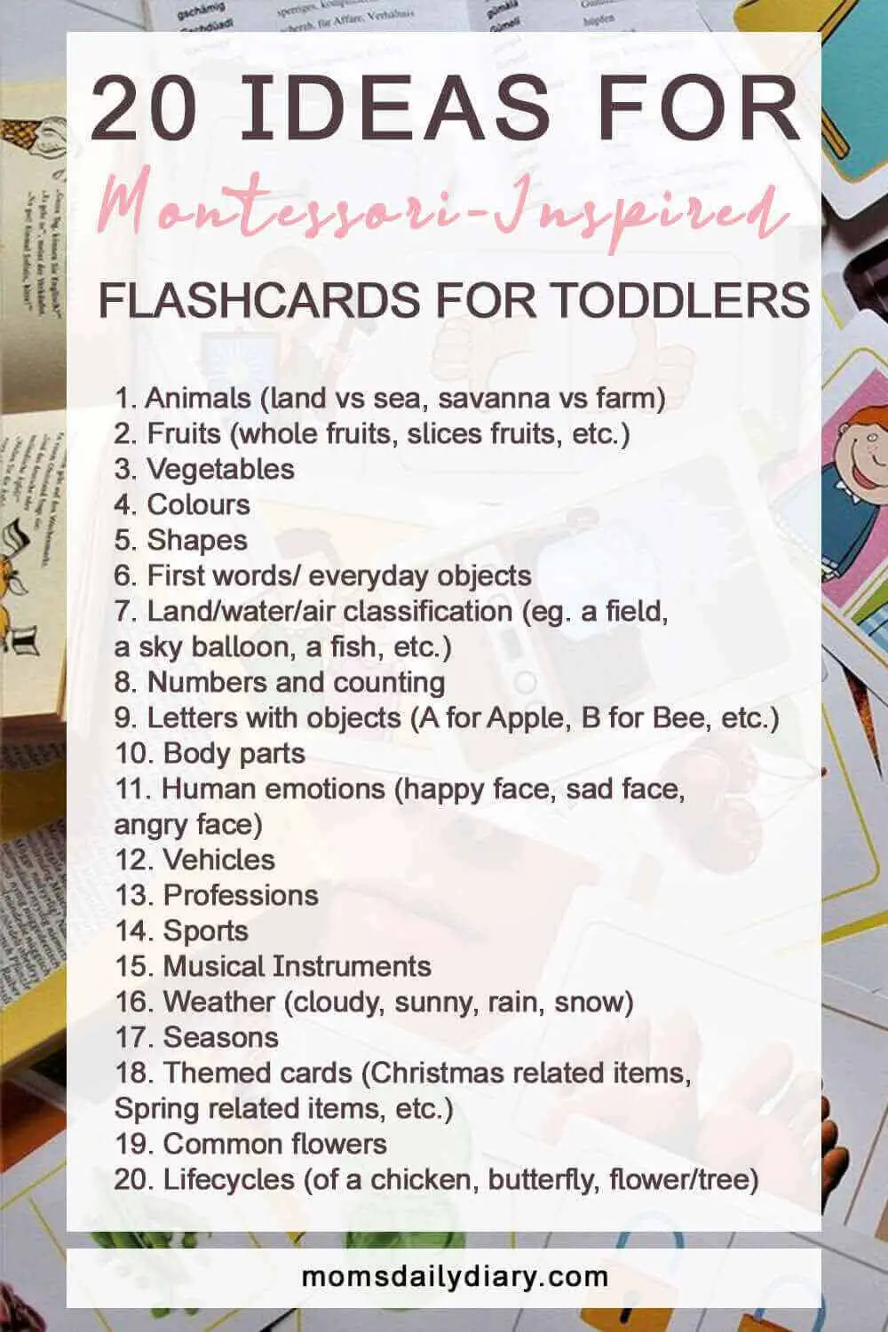 Looking for alternative toddler fun? Check out these 20 ideas for Montessori flashcards you can create at home.
