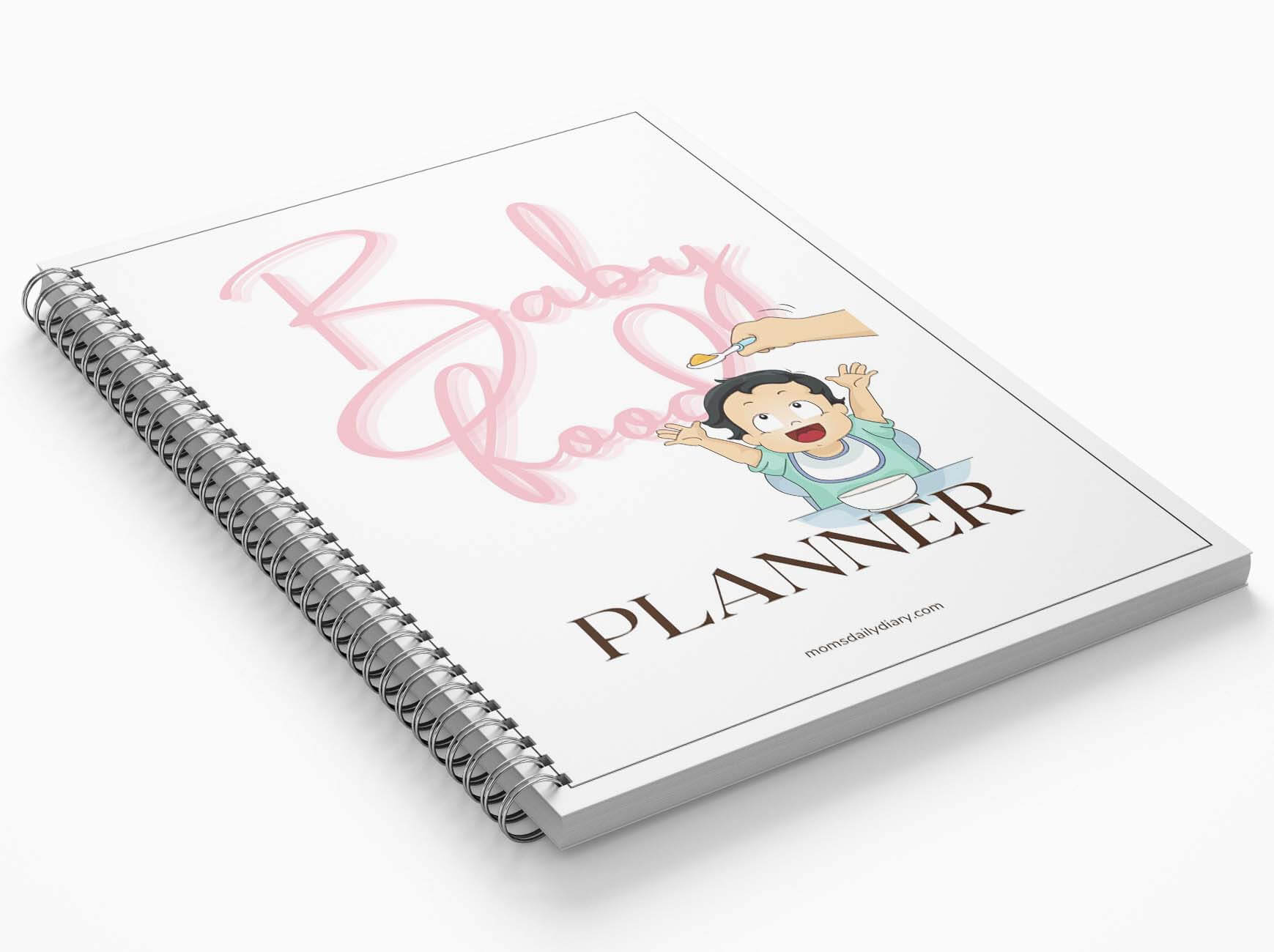 Promotional image of a spiral notepad with text Baby food planner and an illustration of a baby about to eat from a spoon.