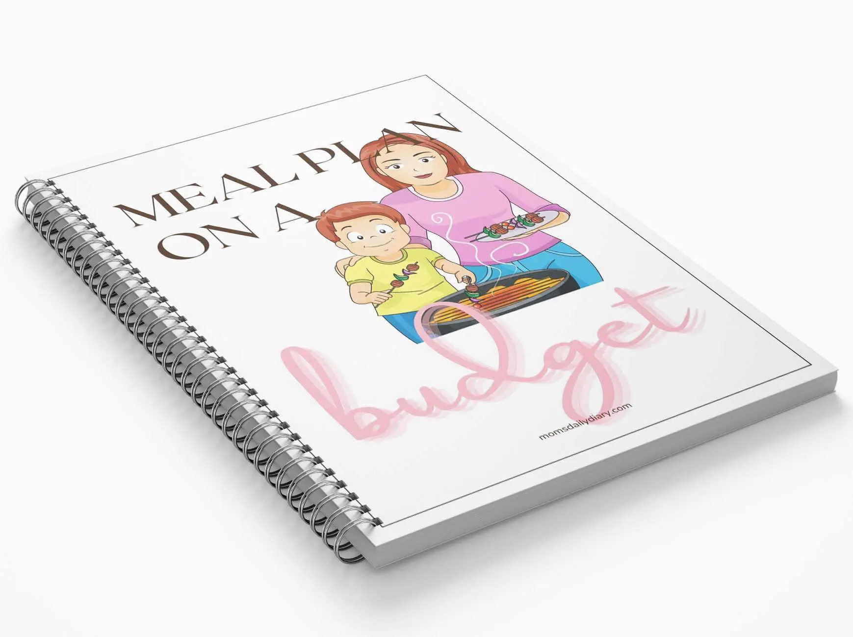 Promotional image of a spiral notepad with text Meal plan on a budget and an illustration of mom and toddler cooking together.