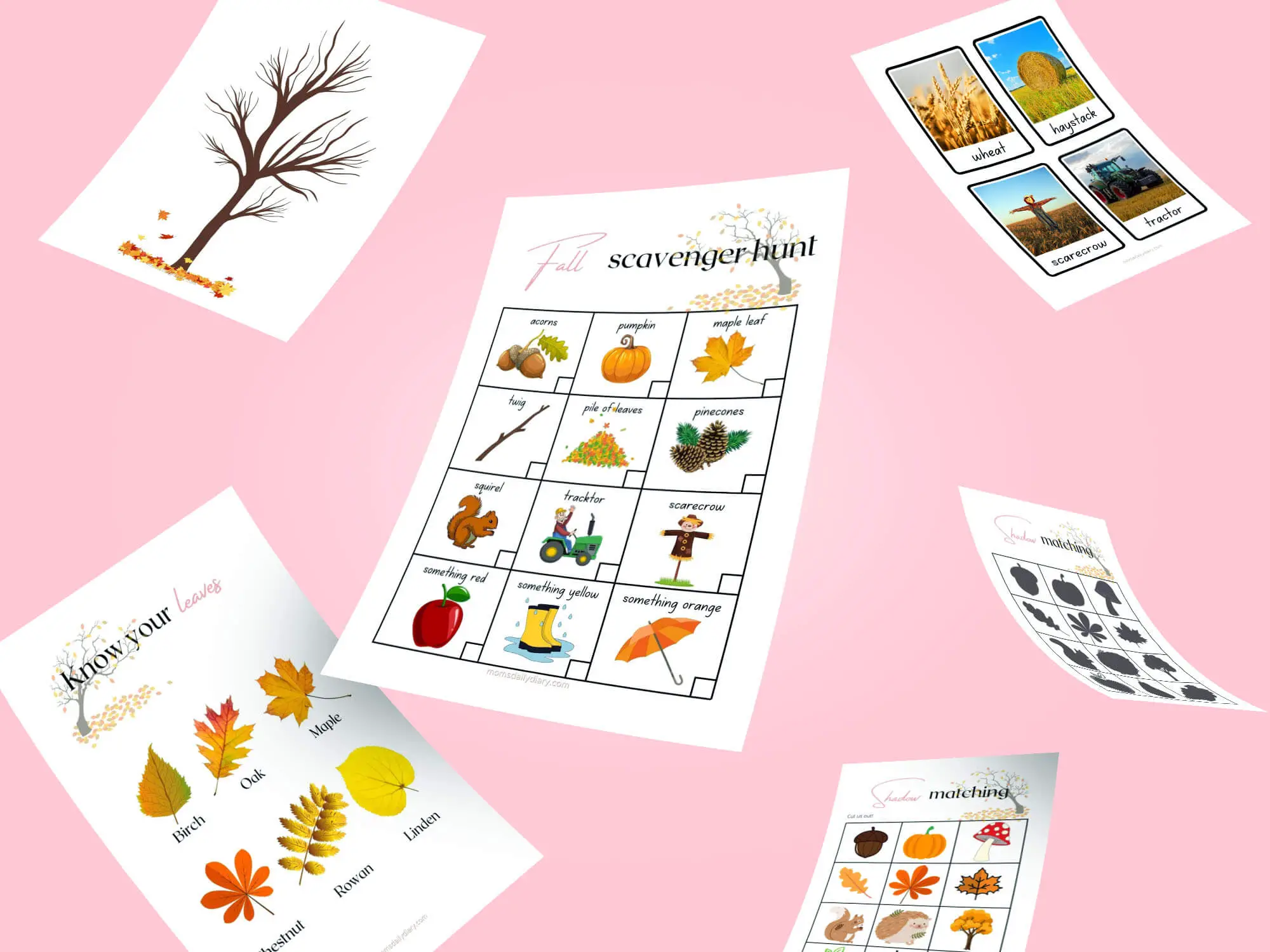 Promotional image of flying pages from the Fall Activities for Toddlers workbook available for free on Mom's Daily Diary.