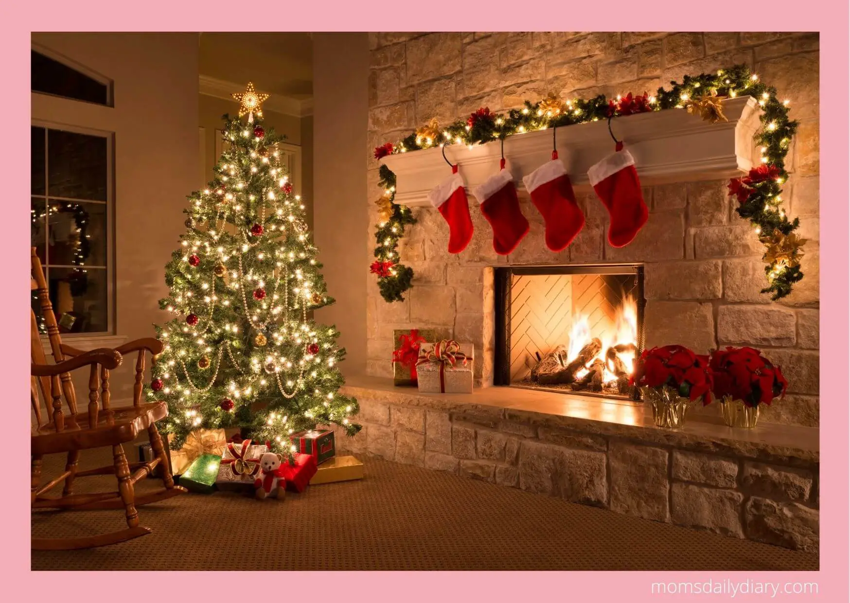 Image of a room decorated for Christmas with stockings hanging over the fireplace.
