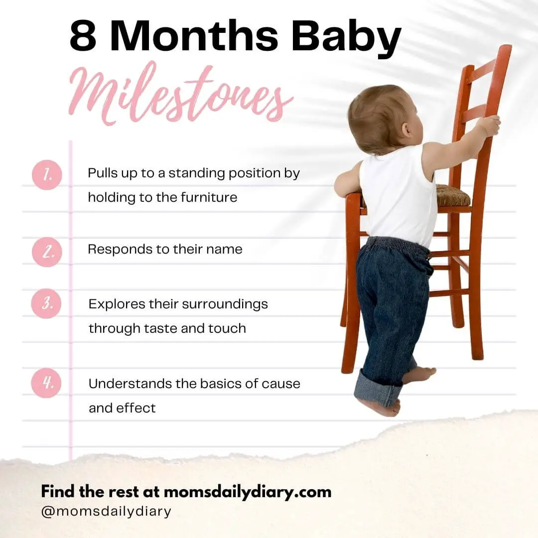 Instagram post listing a few milestones associated with 8 months baby development.