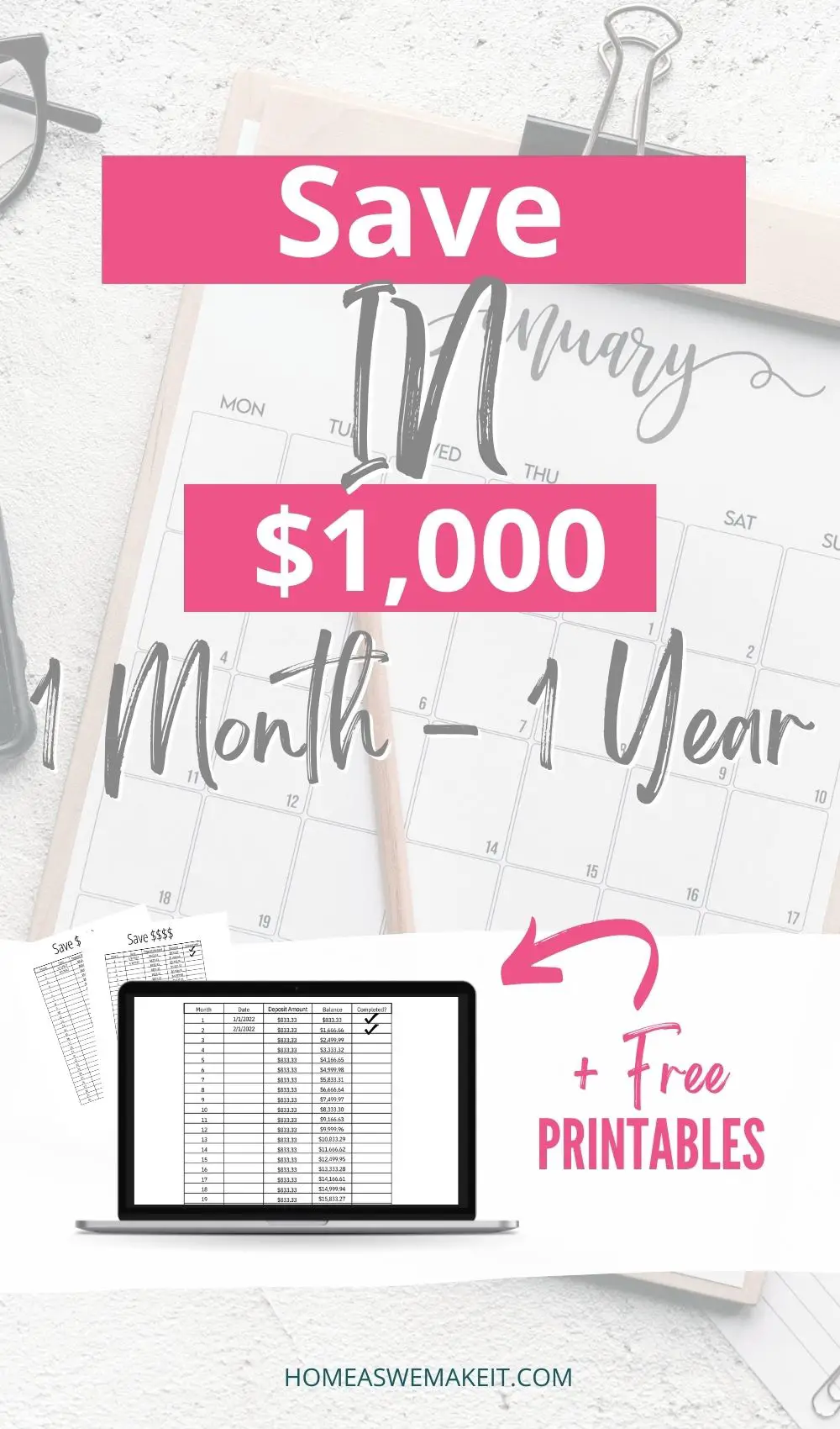 save $1,000 with money saving charts