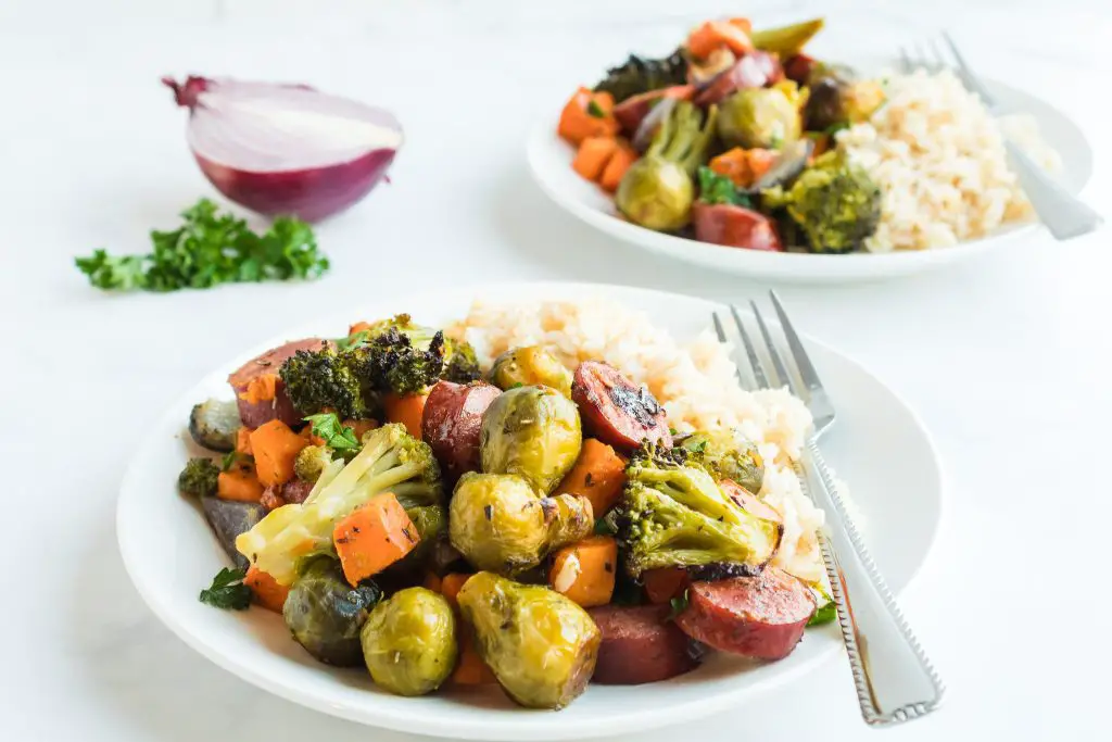 plated sausage and vegetables