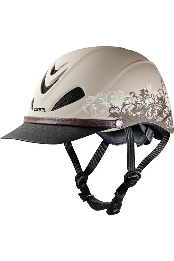 This is the Troxel Dakota Riding Helmet.  It's a beige color.  It has white and brown designs on the sides.  It has a black brim.