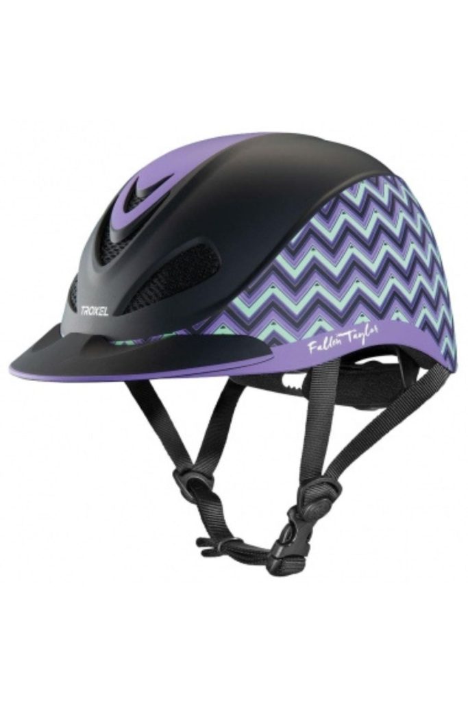 This is the Troxel Fallon Taylor Performance Riding Helmet.  It's purple and black.  It has a chevron design on the side that's aqua, light purple, dark purple, and black.
