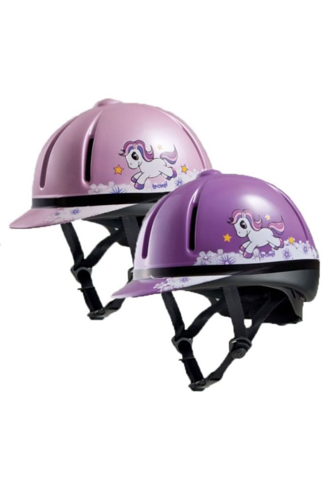 There are two Troxel Legacy Riding Helmets.  One is pink and the other is purple.  They both have white horses with pink and purple manes on the sides of the helmets.