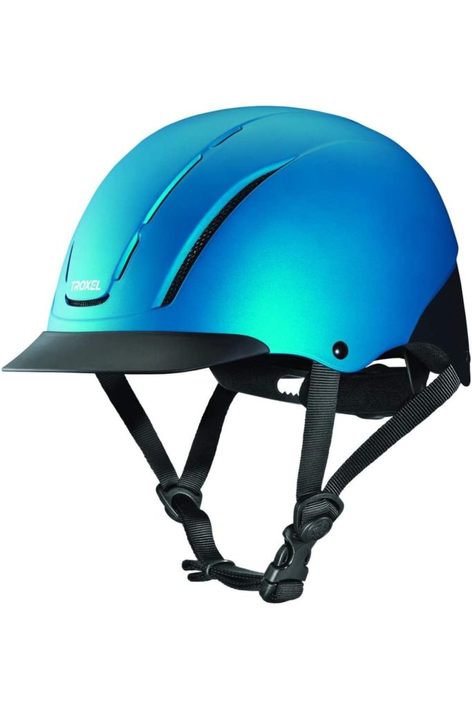 This is the Troxel Spirit Performance Helmet.  It's bright blue.  It has a black brim.