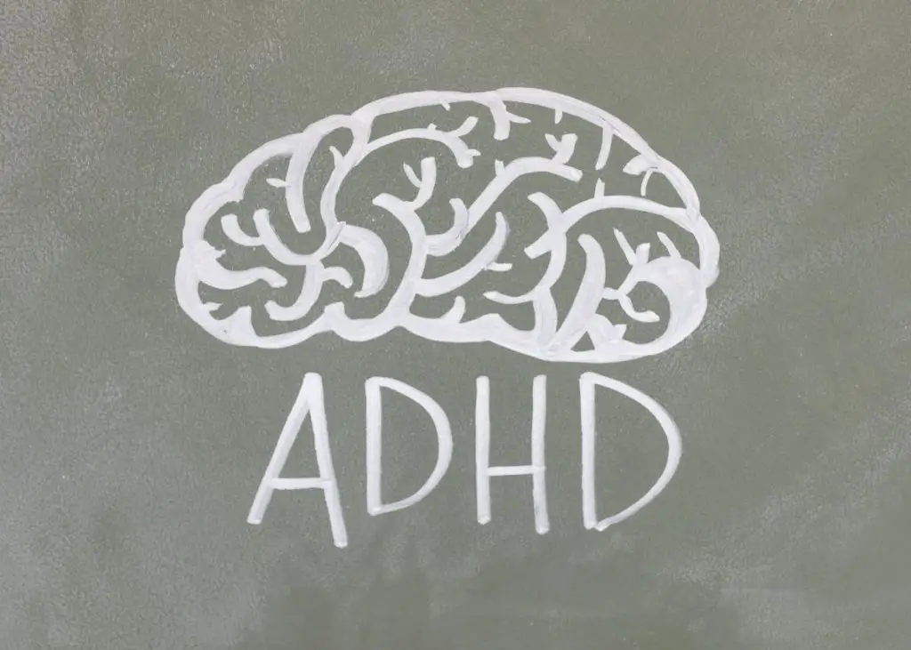A drawing of a brain and the letters "ADHD" under it.